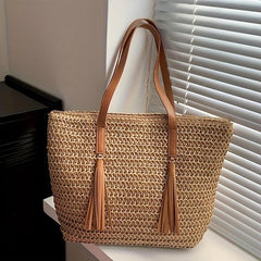 Straw Woven Tote Bag with Tassel Decor - Boho Style Summer Beach Bag