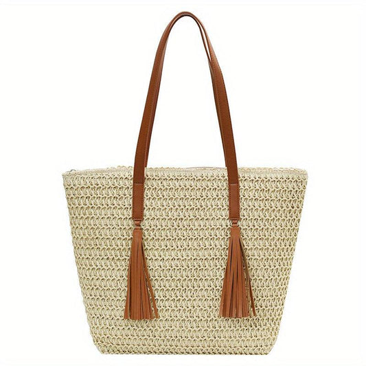 Straw Woven Tote Bag with Tassel Decor - Boho Style Summer Beach Bag
