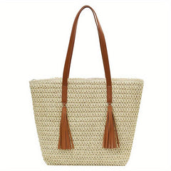 Straw Woven Tote Bag with Tassel Decor - Boho Style Summer Beach Bag