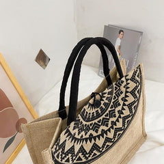 Ethnic Style Linen Tote Bag Vintage Large Capacity Handbag