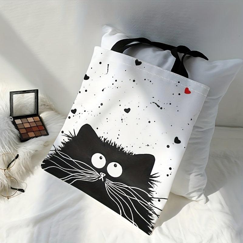 Cartoon Cat Canvas Tote Bag Large Capacity Shoulder Bag For Travel & Work