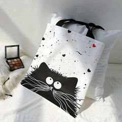 Cartoon Cat Canvas Tote Bag Large Capacity Shoulder Bag For Travel & Work