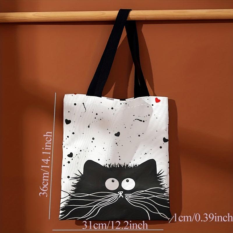 Cartoon Cat Canvas Tote Bag Large Capacity Shoulder Bag For Travel & Work