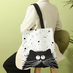 Cartoon Cat Canvas Tote Bag Large Capacity Shoulder Bag For Travel & Work