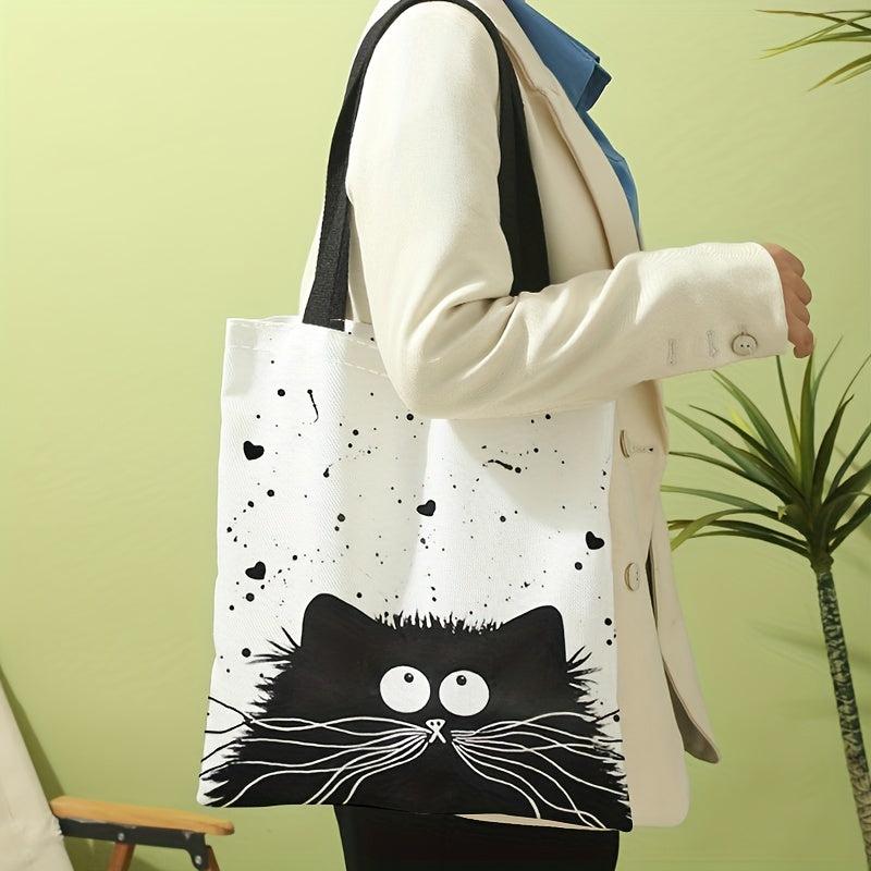 Cartoon Cat Canvas Tote Bag Large Capacity Shoulder Bag For Travel & Work
