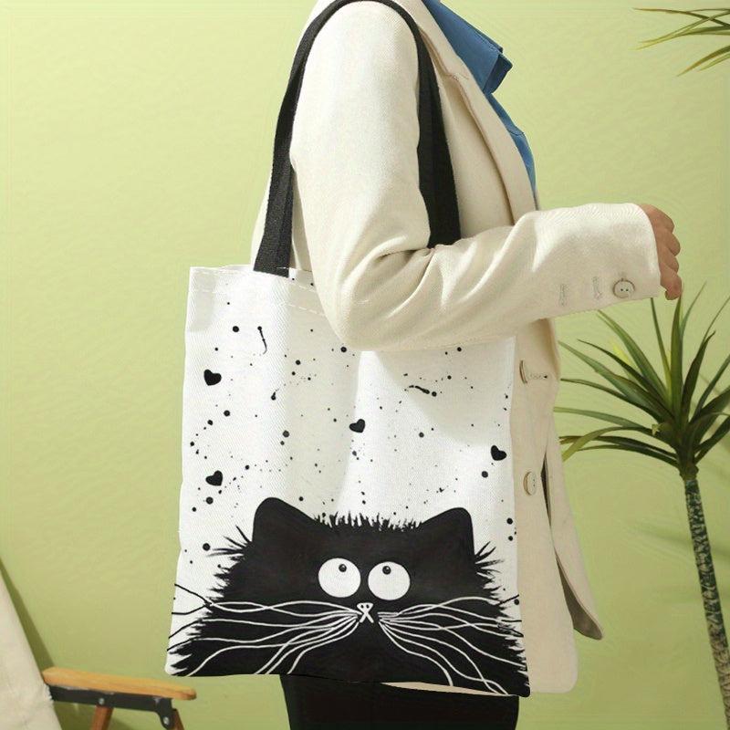 Cartoon Cat Canvas Tote Bag Large Capacity Shoulder Bag For Travel & Work