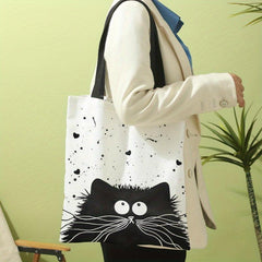 Cartoon Cat Canvas Tote Bag Large Capacity Shoulder Bag For Travel & Work