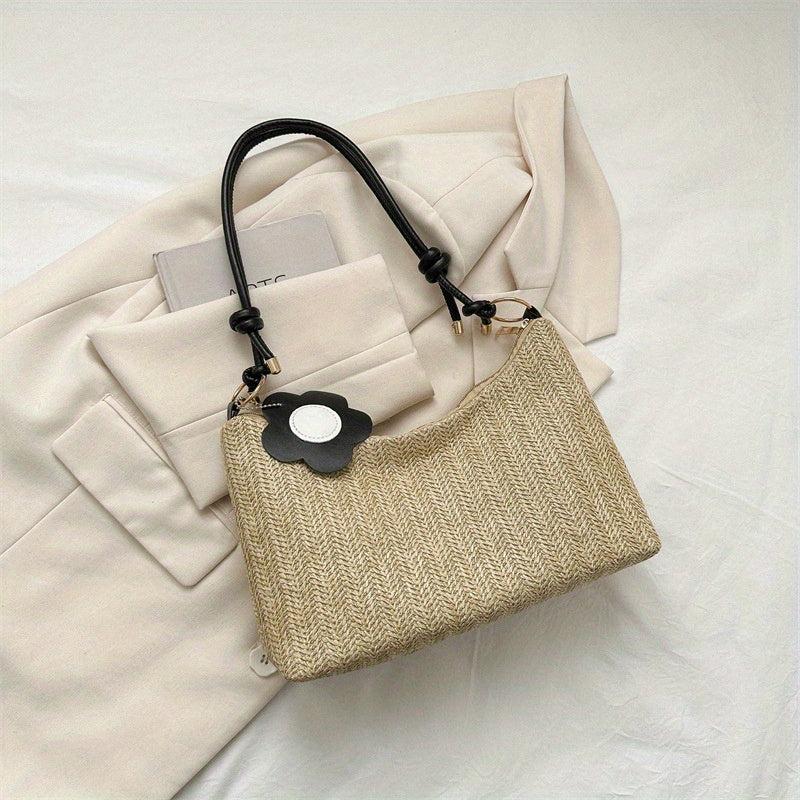 Flower Decor Woven Underarm Bag Lightweight Textured Bag Purse