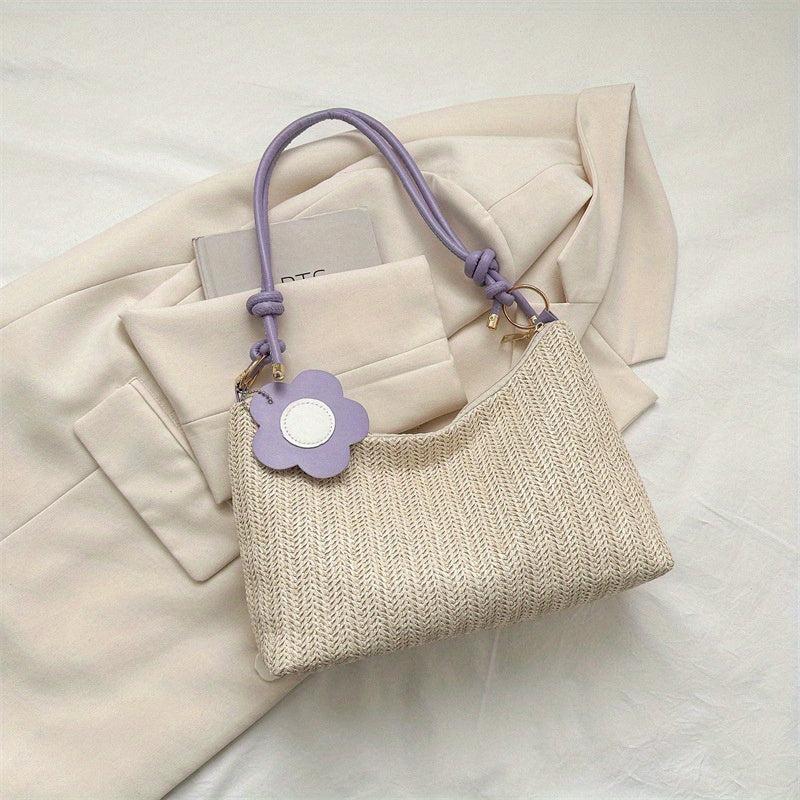 Flower Decor Woven Underarm Bag Lightweight Textured Bag Purse