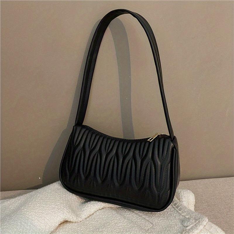 Quilted Zipper Handbag Solid PU Leather Shoulder Bag