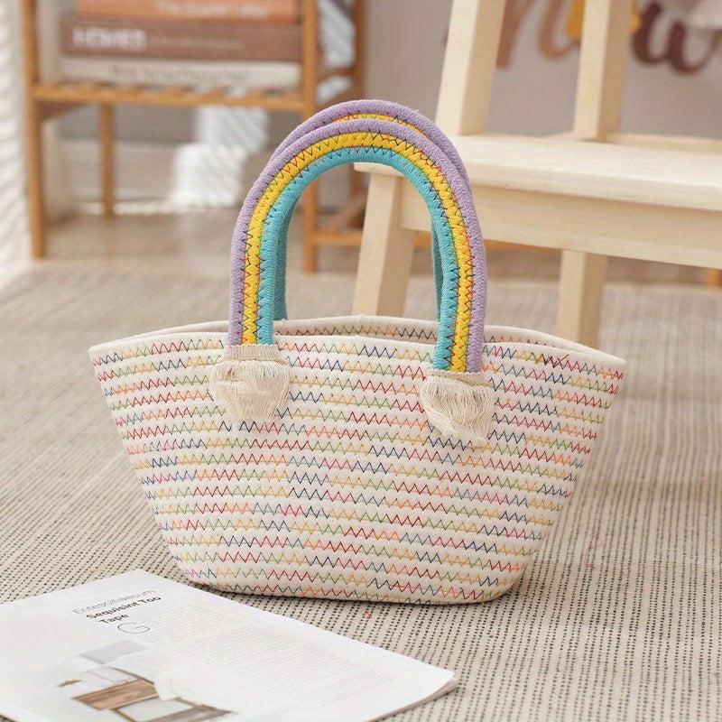 Rainbow Handle Straw Handbag Lightweight Decorative Satchel Bag