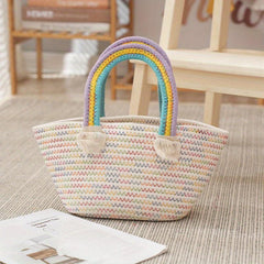 Rainbow Handle Straw Handbag Lightweight Decorative Satchel Bag