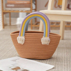 Rainbow Handle Straw Handbag Lightweight Decorative Satchel Bag