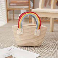 Rainbow Handle Straw Handbag Lightweight Decorative Satchel Bag