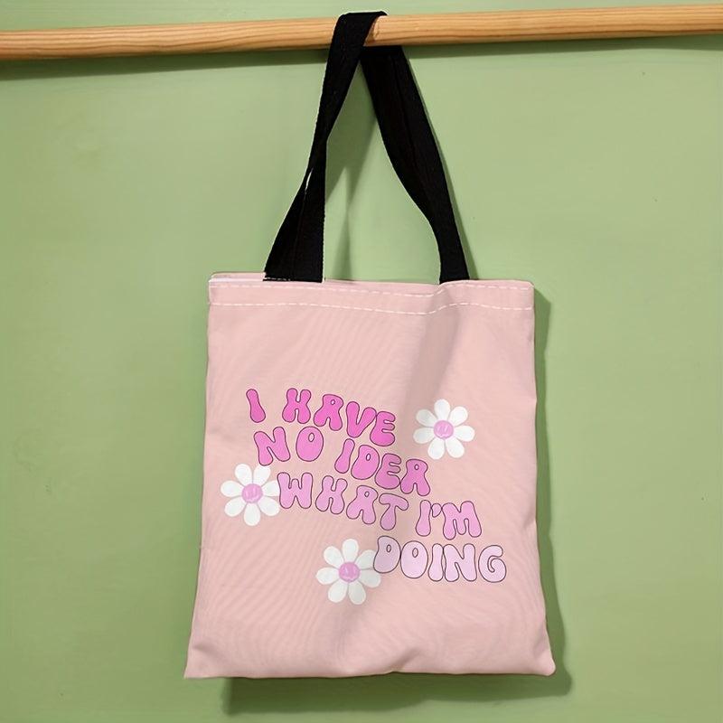 Pink Flower Letters Canvas Tote Bag Large Capacity Shoulder Bag
