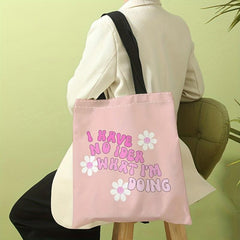 Pink Flower Letters Canvas Tote Bag Large Capacity Shoulder Bag