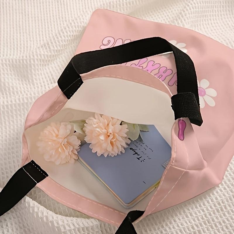 Pink Flower Letters Canvas Tote Bag Large Capacity Shoulder Bag