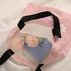 Pink Flower Letters Canvas Tote Bag Large Capacity Shoulder Bag