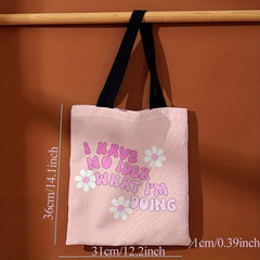 Pink Flower Letters Canvas Tote Bag Large Capacity Shoulder Bag