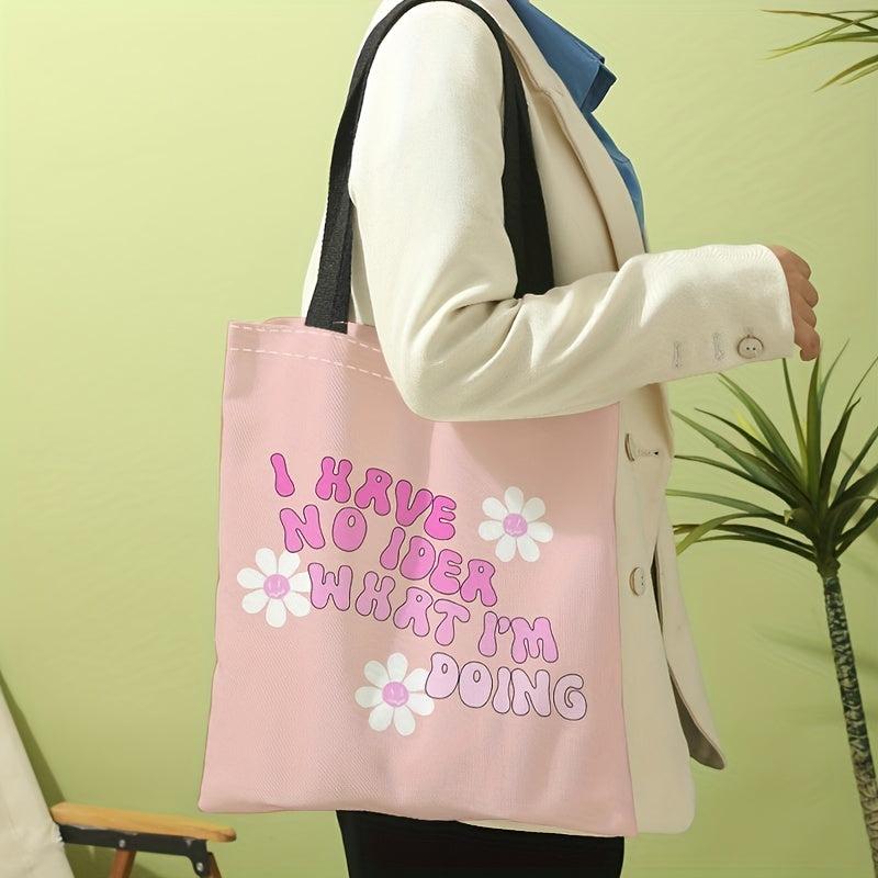 Pink Flower Letters Canvas Tote Bag Large Capacity Shoulder Bag