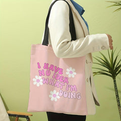 Pink Flower Letters Canvas Tote Bag Large Capacity Shoulder Bag