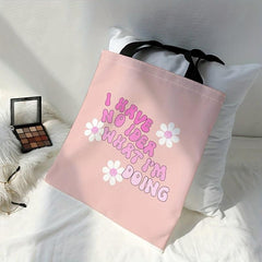 Pink Flower Letters Canvas Tote Bag Large Capacity Shoulder Bag
