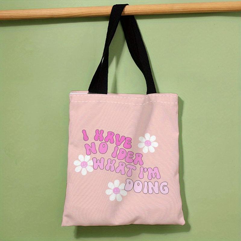 Pink Flower Letters Canvas Tote Bag Large Capacity Shoulder Bag