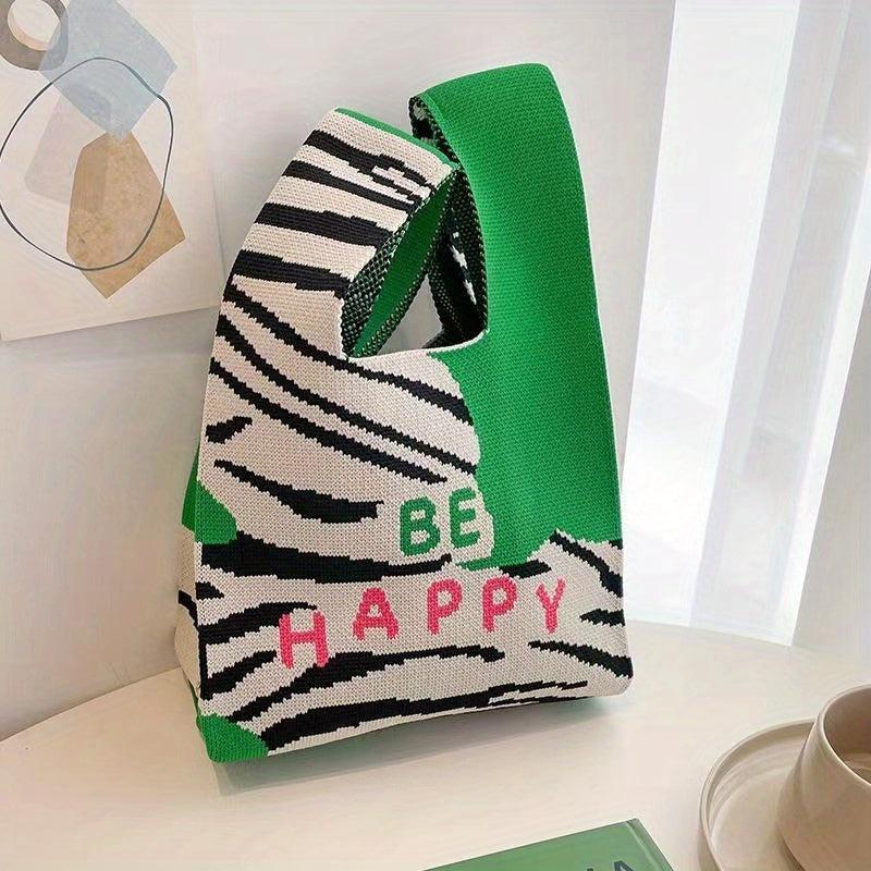 Striped Pattern Woven Handbag Fabric Crochet Niche Tote Bag