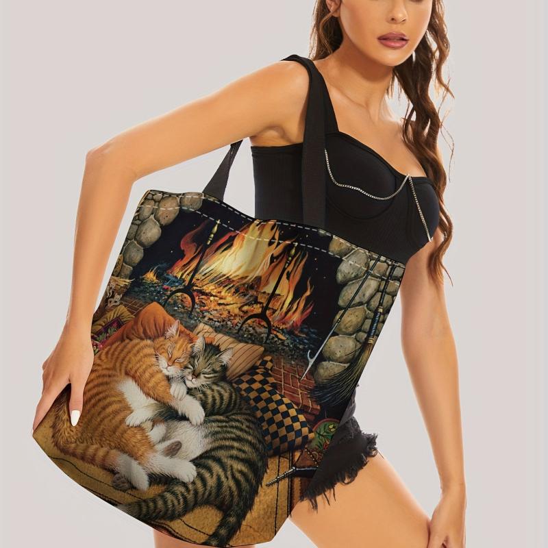 Cats And Fireplace Tote Bag Travel Beach Shoulder Grocery Bag