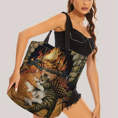 Cats And Fireplace Tote Bag Travel Beach Shoulder Grocery Bag