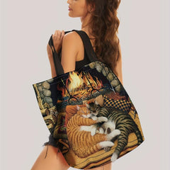 Cats And Fireplace Tote Bag Travel Beach Shoulder Grocery Bag