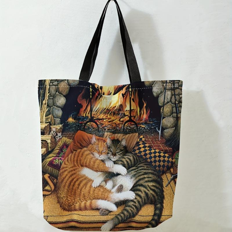 Cats And Fireplace Tote Bag Travel Beach Shoulder Grocery Bag