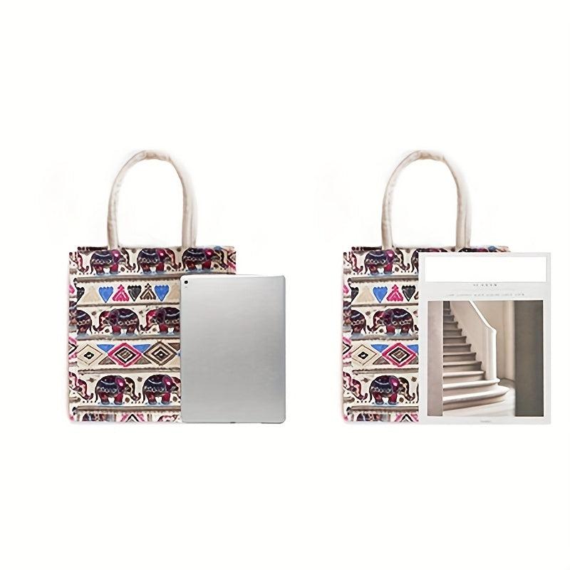 Cartoon Elephant & Geometric Pattern Tote Bag Top Handle Handbag