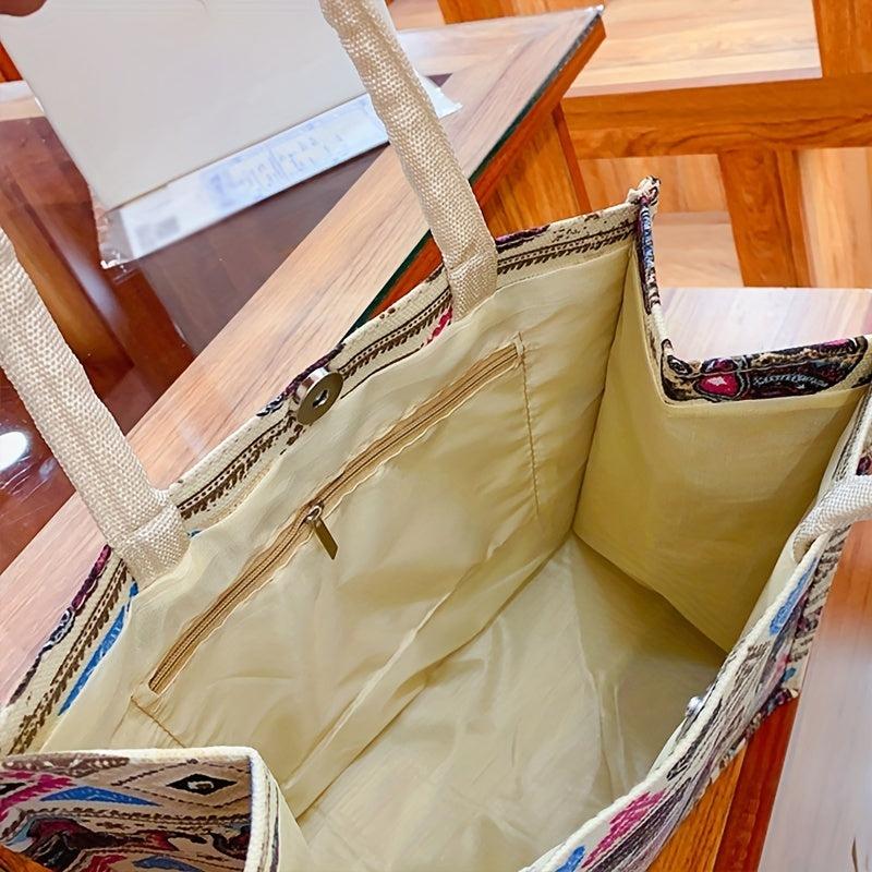 Cartoon Elephant & Geometric Pattern Tote Bag Top Handle Handbag