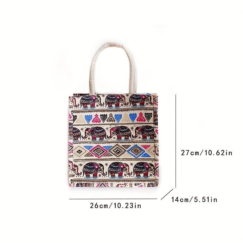 Cartoon Elephant & Geometric Pattern Tote Bag Top Handle Handbag