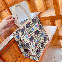 Cartoon Elephant & Geometric Pattern Tote Bag Top Handle Handbag