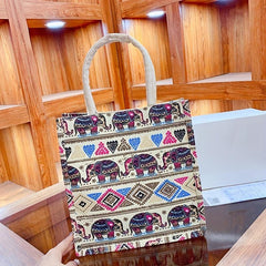 Cartoon Elephant & Geometric Pattern Tote Bag Top Handle Handbag