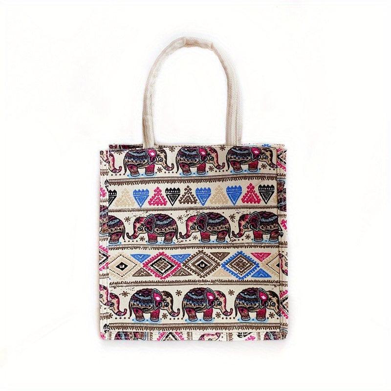 Cartoon Elephant & Geometric Pattern Tote Bag Top Handle Handbag