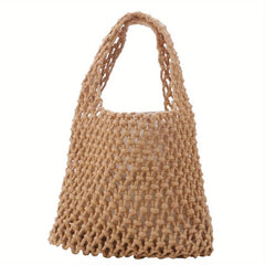 Straw Woven Hollow Satchel Handbag Lightweight Bucket Tote Bag
