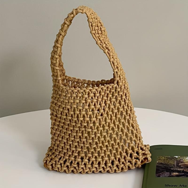 Straw Woven Hollow Satchel Handbag Lightweight Bucket Tote Bag