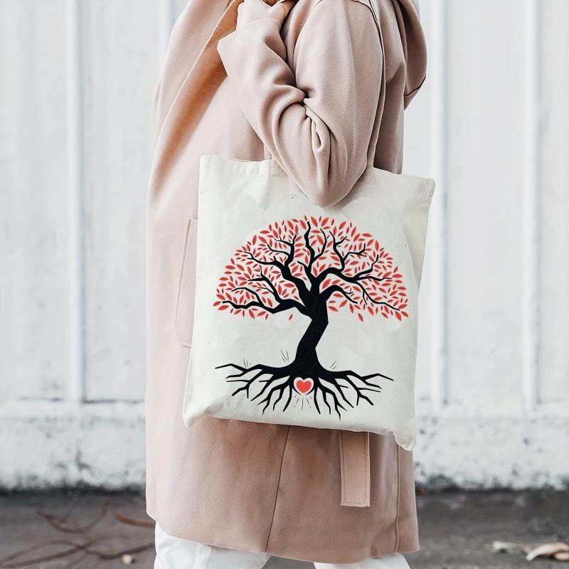 Stylish Love & Tree Pattern Canvas Bag Lightweight Shopping Bag Handbag