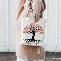 Stylish Love & Tree Pattern Canvas Bag Lightweight Shopping Bag Handbag