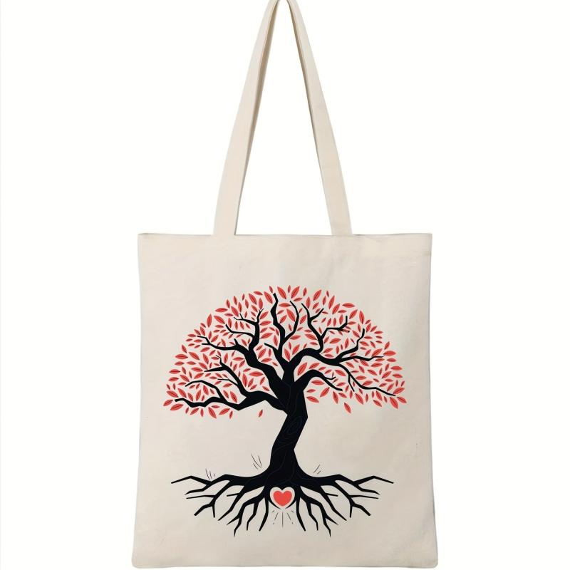 Stylish Love & Tree Pattern Canvas Bag Lightweight Shopping Bag Handbag