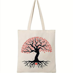 Stylish Love & Tree Pattern Canvas Bag Lightweight Shopping Bag Handbag