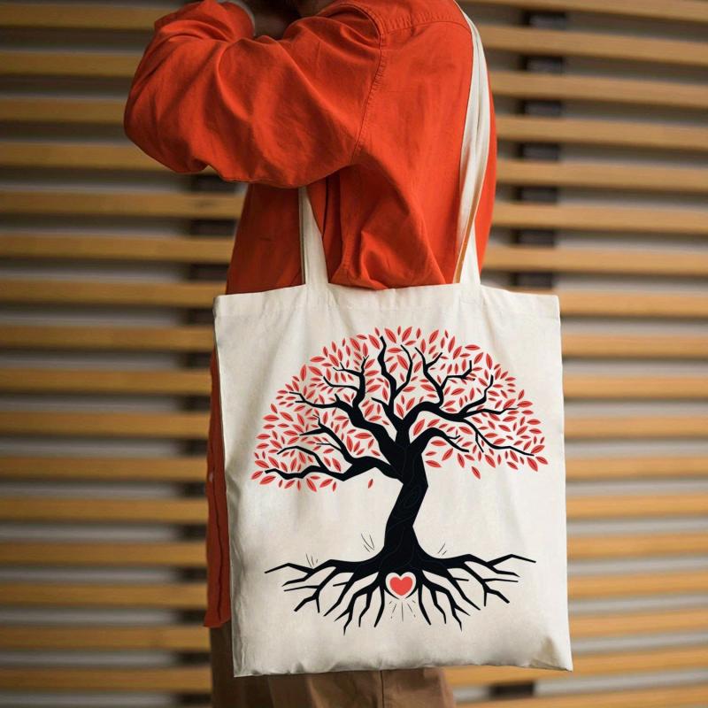 Stylish Love & Tree Pattern Canvas Bag Lightweight Shopping Bag Handbag