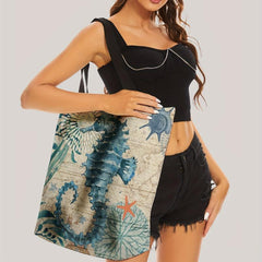 Sea Grass Seahorse Print Tote Bag Travel Beach Shoulder Reusable Grocery Bag