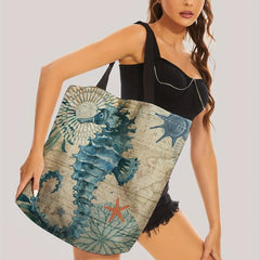 Sea Grass Seahorse Print Tote Bag Travel Beach Shoulder Reusable Grocery Bag