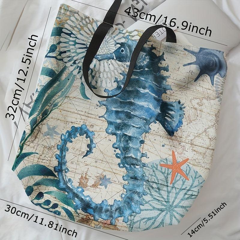 Sea Grass Seahorse Print Tote Bag Travel Beach Shoulder Reusable Grocery Bag