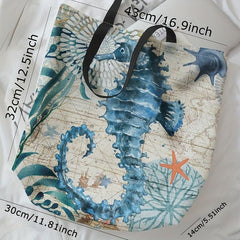 Sea Grass Seahorse Print Tote Bag Travel Beach Shoulder Reusable Grocery Bag