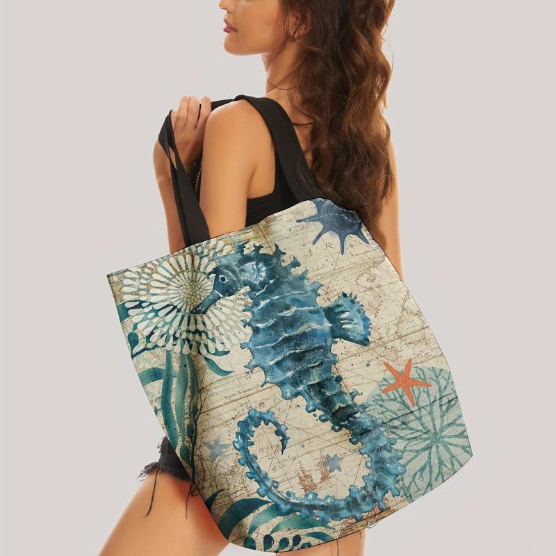 Sea Grass Seahorse Print Tote Bag Travel Beach Shoulder Reusable Grocery Bag
